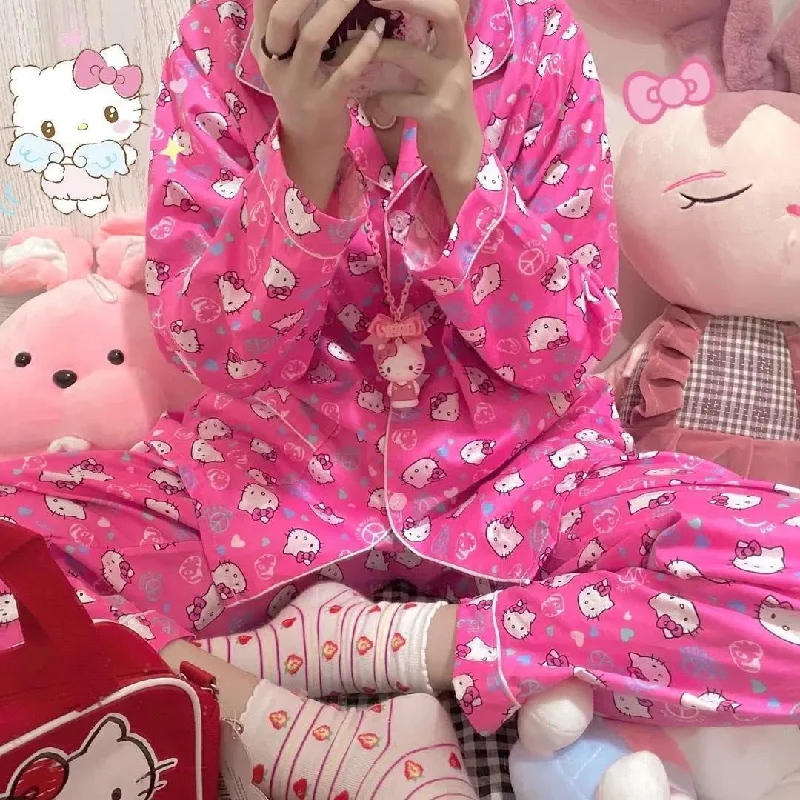 Hello Kitty Inspired Pink Long Sleeve Button Front Pajama Set with Pants Cute Kawaii