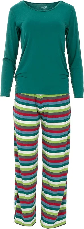 KicKee Pants Winter Celebrations 2020 Women's Print Long Sleeve Pajama Set 2020 Multi Stripe