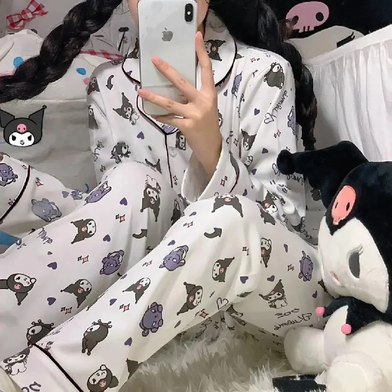 Kuromi Inspired White Long Sleeve Button Front Pajama Set with Pants Cute Kawaii