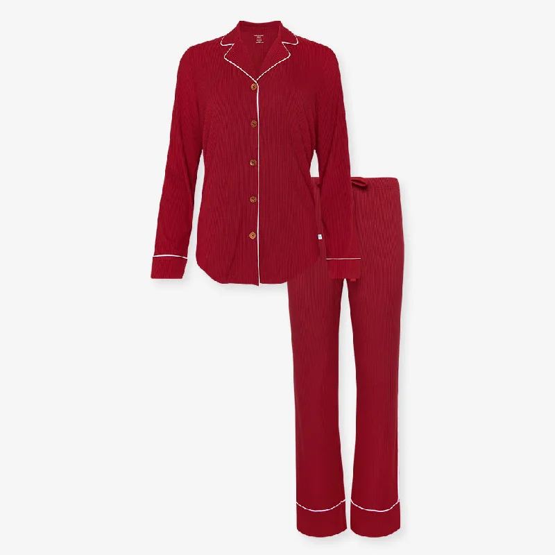 Posh Peanut Women's Long Sleeve & Relaxed Long Pajama Pants in Solid Ribbed Dark Red