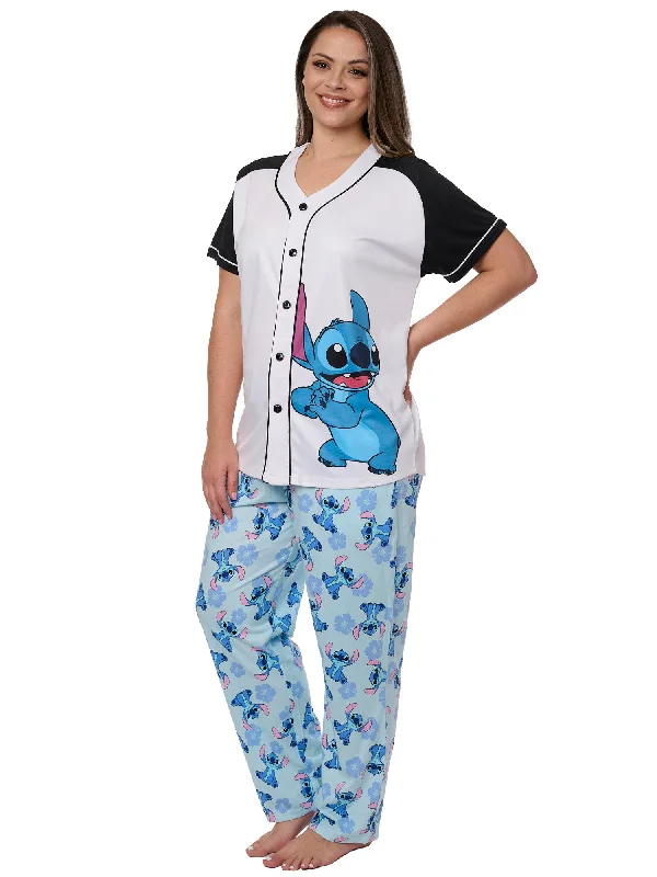 Stitch Button Down Baseball Jersey Shirt w/ Pajama Pants Women's Plus Size Set