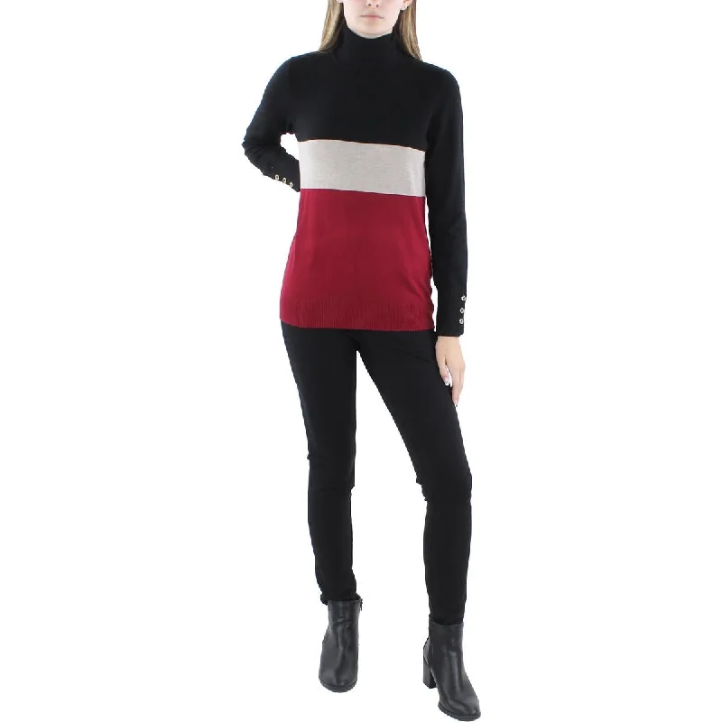 Joesph A Womens Ribbed Trim Colorblock Turtleneck Sweater