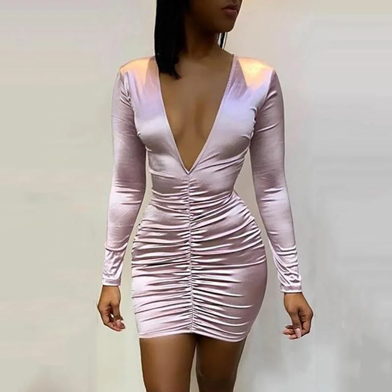 FashionSierra - Deep v-neck ruched design satin dress Bodycon mini dresses