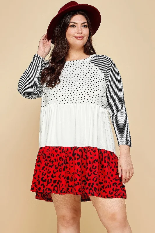 Plus Size Cute Polka Dot And Animal Print Contrast Swing Tiered Dress Clubbing mini dresses