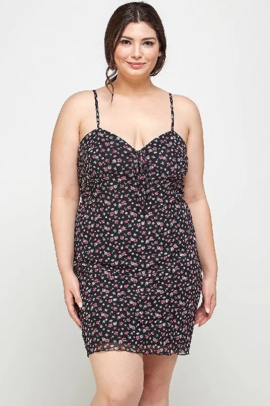 Plus Size Ditsy Floral Print On Mesh Fabric Cami Dress Spring mini dresses