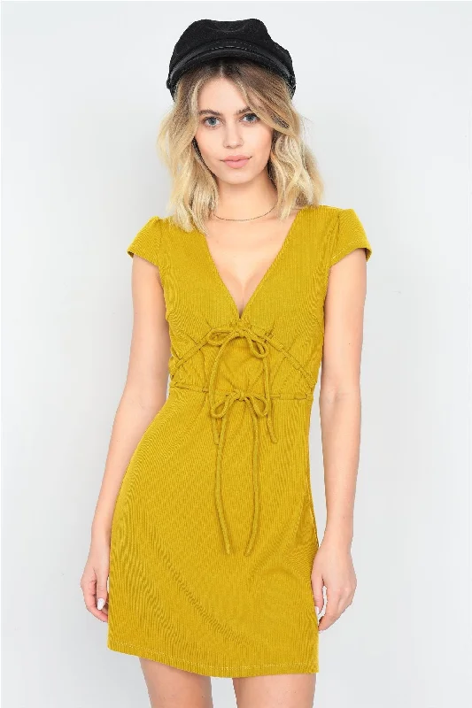 Mustard Ribbed V-neck Cap Sleeve Mini Solid Casual Dress Birthday mini dresses