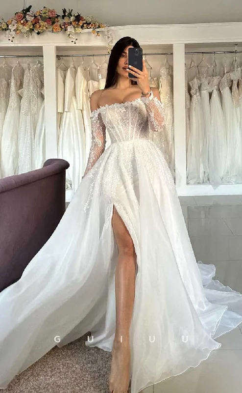 GW823 - Unique A-Line Off-Shoulder Long Sleeves Appliques Wedding Dress with High Side Slit and Court Train