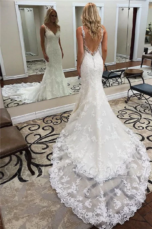 Glamorous V-Neck Backless Lace Chapel Train Mermaid Wedding Dresses OW704