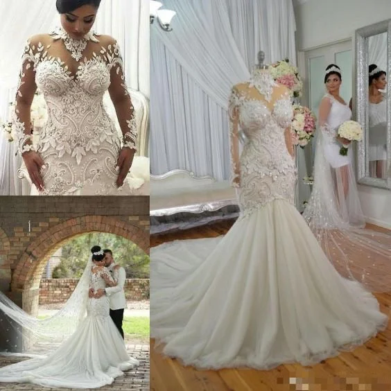 luxury wedding dresses for bride high neck lace applique beaded mermaid modest wedding gown