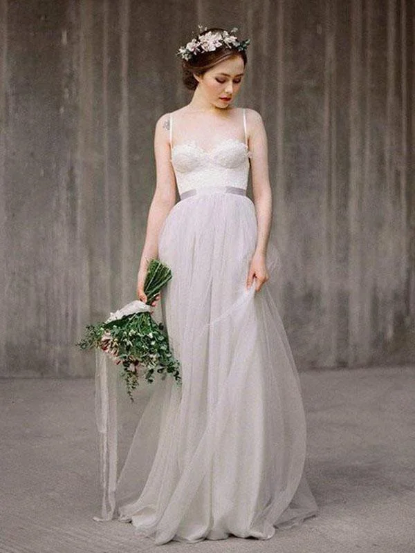 Simple Illusion Spahgetti Straps Tulle A-line Wedding Dresses Online, WD369