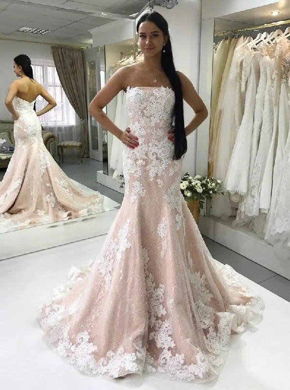 Strapless Bridal Gown Lace Appliques Mermaid Wedding Dresses OW701