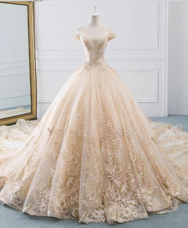 Unique Champagne Tulle Lace Long Wedding Dress, Bridal Gown