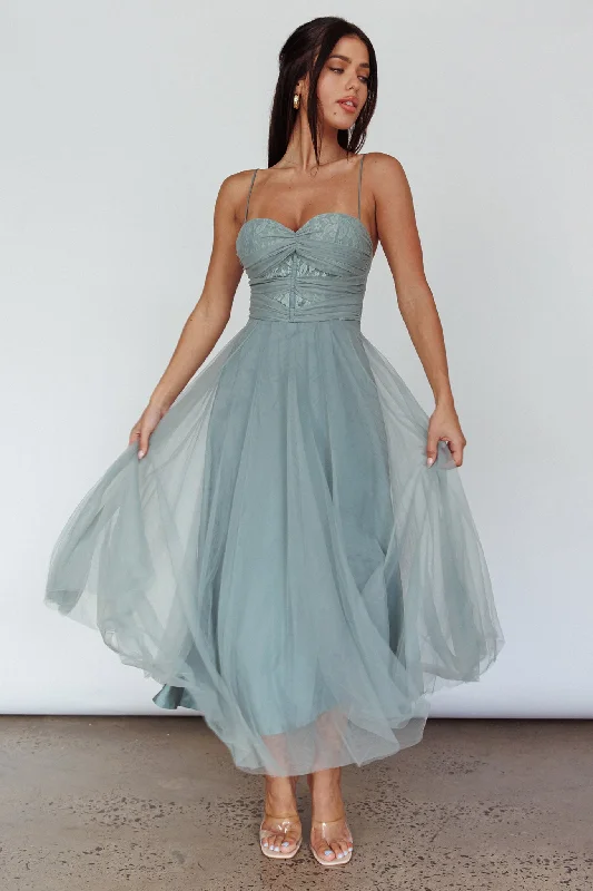 Smitten Lace Insert Tulle Midi Dress Sage