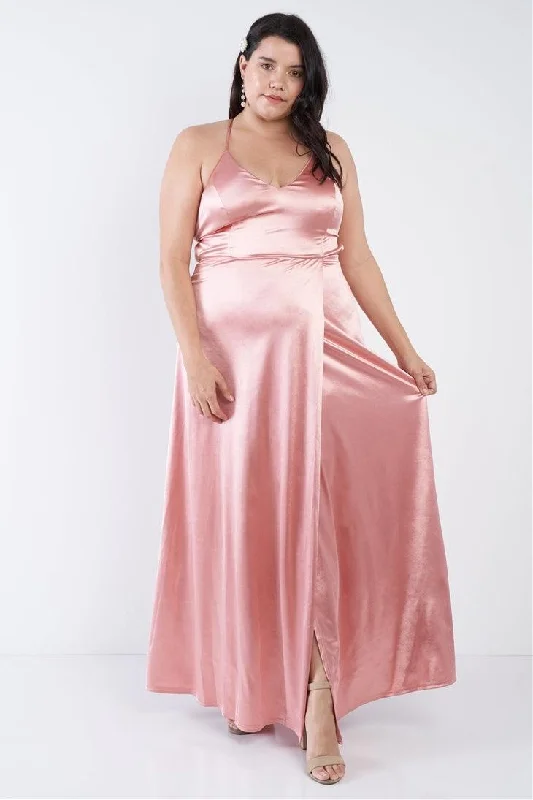 Junior Plus Size Mauve Satin Open Criss Cross Back Maxi Dress /2-2-2