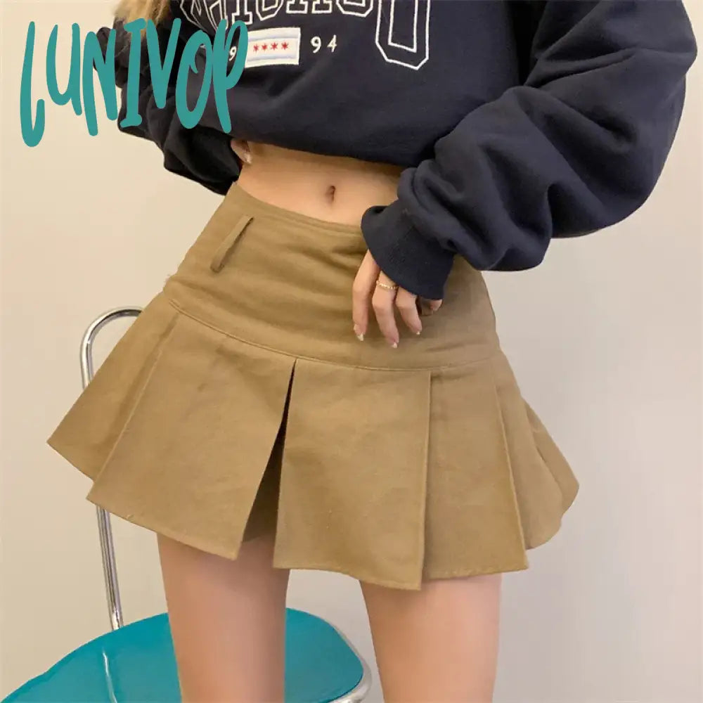 Lunivop American College Style Khaki Pleated Skirt Women's Summer New Casual Solid Color A-line Shorts Skirts Female