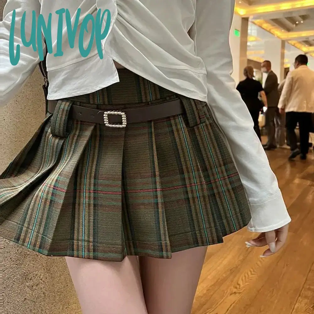 Lunivop American Retro College Style Women's Plaid Pleated Mini Skirt Summer New Chic Young Girl High Waisted A-line Short Skirt