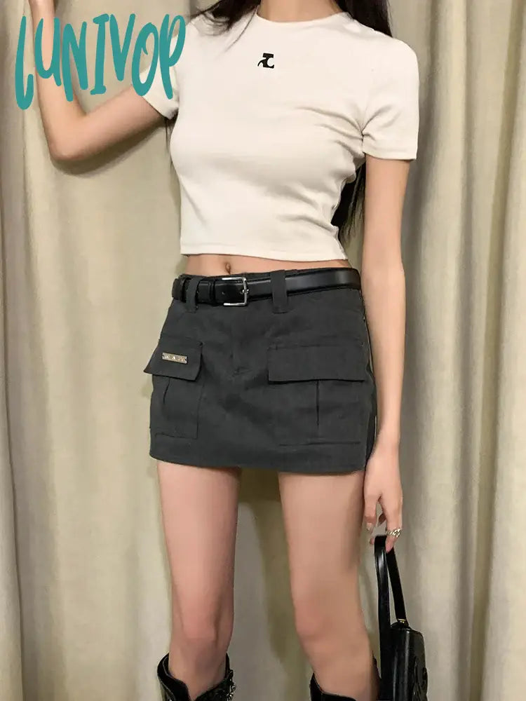 Lunivop High-waisted A-line Pocket Women's Dark Grey Miniskirt Skirt Summer New Street Style Show Thin Cargo UltraShort Skirts Female