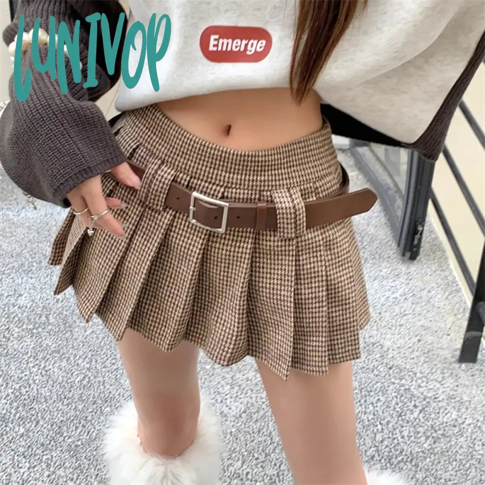 Lunivop Houndstooth American College Style Khaki Plaid Pleated Skirt Women's Summer Color Contrast A-line High Waist Short Skirt Femal