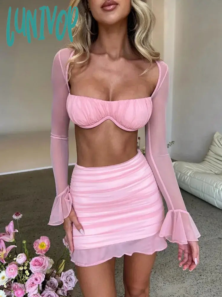 Lunivop Mesh Sexy Dress Set Women Strapless Full Sleeve Crop Top And Mini Skirt Matching Sets Female Club Party Two Piece Set