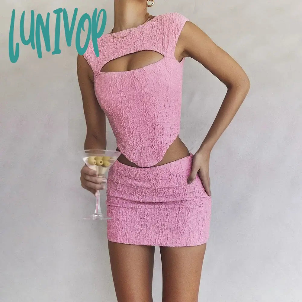 Lunivop Pink Sleeveless 2 Piece Dress Set Sexy Cut Out Holiday Party Dresses Casual Cropped Top and Mini Skirt Women