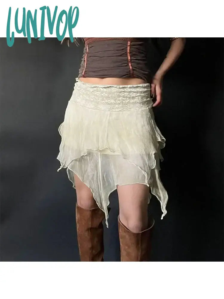 Lunivop Woman Gauze Mini Loose Pleated Low Waist Skirt Knee Length A-line Asymmetrical Skirt Korean Chic Design Gyaru French Elegance