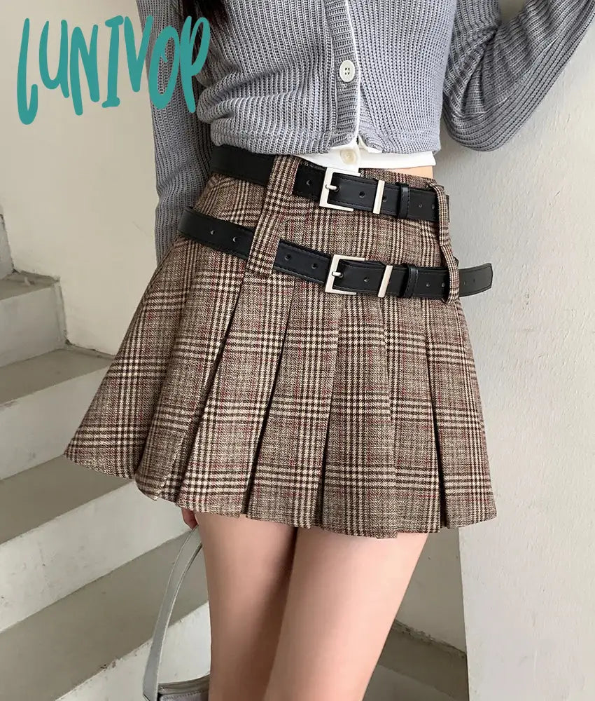 Lunivop Women's Academy Style Checkered Pleated Short Skirt Summer and Autumn New Chic Young Girls High Waist A-line Mini Skirt