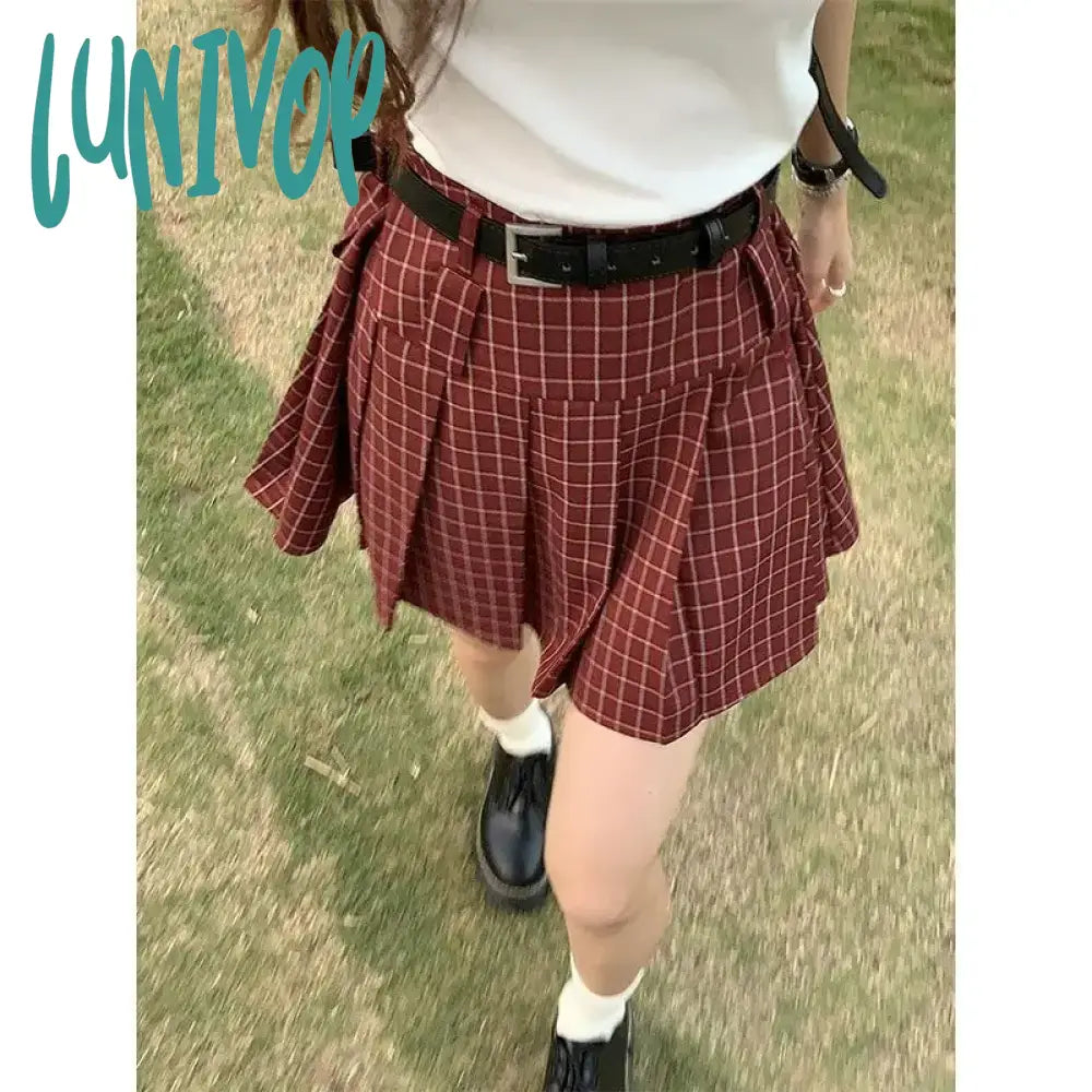 Lunivop Women's American Retro College Style Pleated Mni Skirt Summer New Chic Young Girl High Waisted Red A-line Sexy Short Skirt