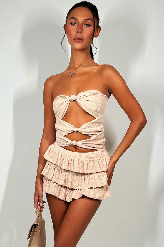 Ruffle Frilly Shorts And Bandeau Top Co Ord Set Beige