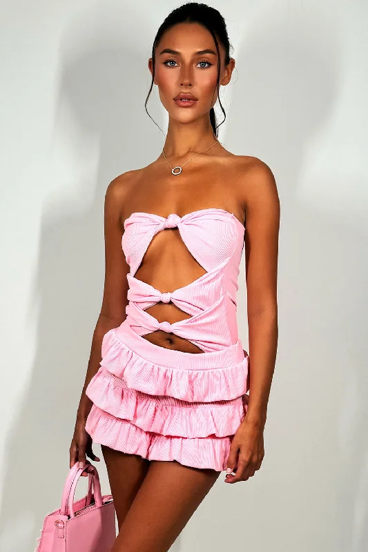 Ruffle Frilly Shorts And Bandeau Top Co Ord Set Pink