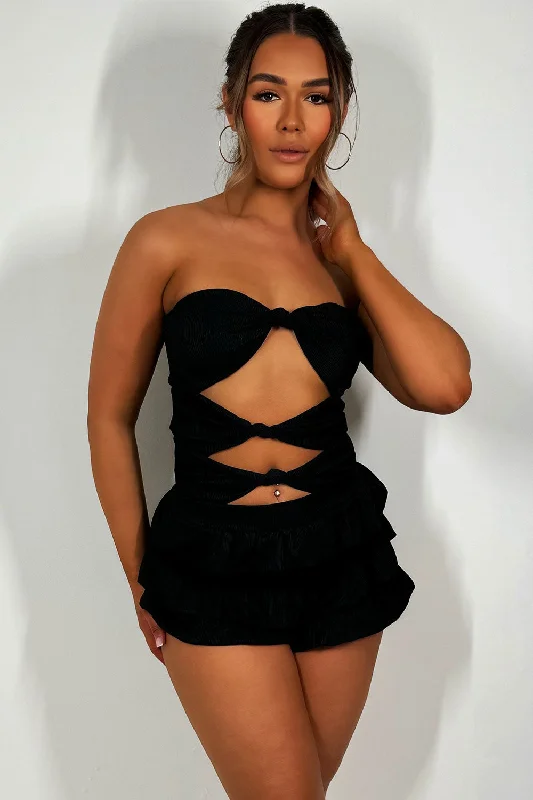 Ruffle Frilly Shorts And Bandeau Top Co Ord Black