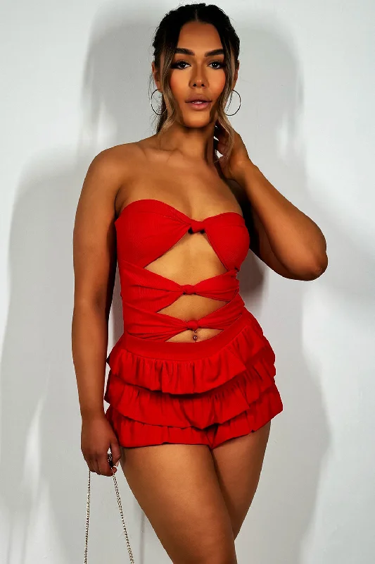 Ruffle Frilly Shorts And Bandeau Top Co Ord Red