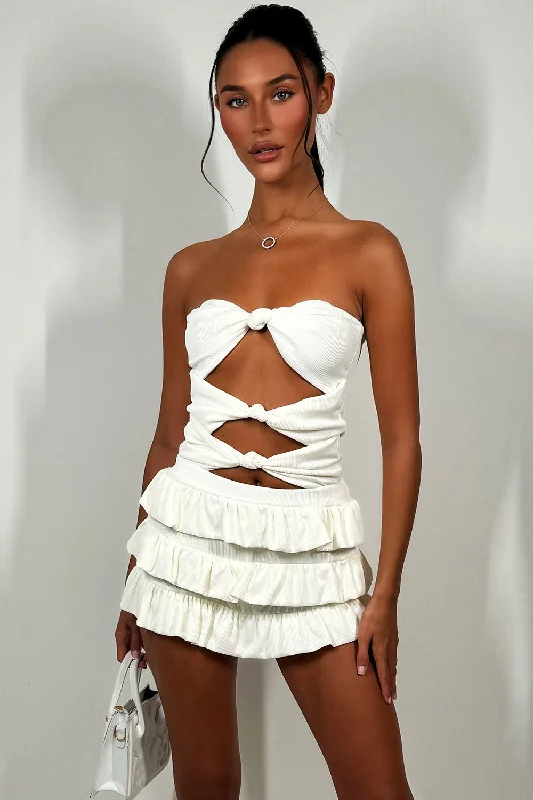 White Ruffle Frilly Shorts And Bandeau Top Co Ord Set