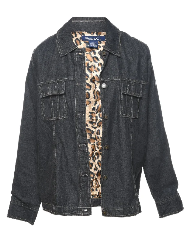 Black & Leopard Print Contrast Lined Denim Jacket - M