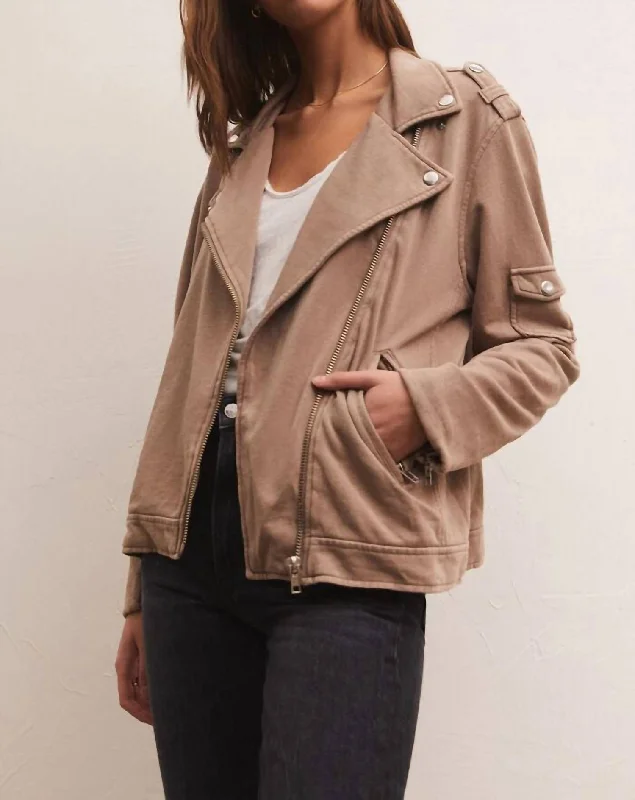 Castle Hill French Terry Moto Jacket In Brown