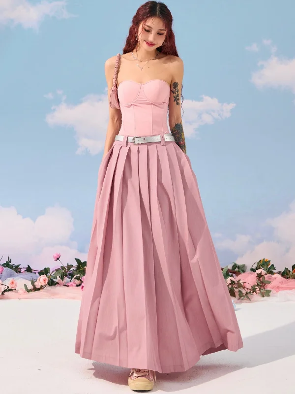 Halley Solid Color Waist Belt High Waist Pleated A-Line Long Skirt