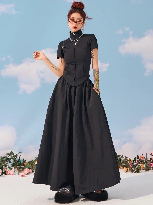 Kiki Solid Color Elastic High Waist Gorpcore Cargo Parachute Long Wide Skirt