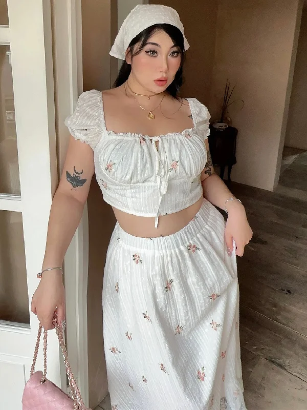 Lionelle Plus Size White French Floral Square Neck Short Puffed Sleeve Cropped Top + High Waist Long Flowing Skirt Matching Set