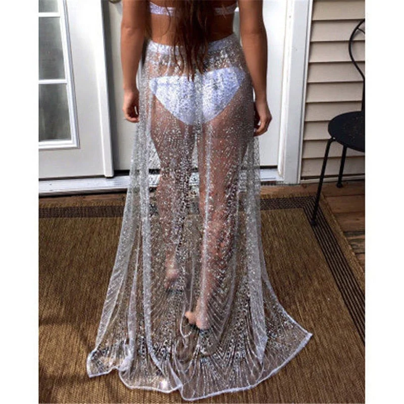 Mesh Hollow Out Long Skirt Gold Silver Sequins Sexy See Through Floor-Length Skirt 2019 Summer Beach Skirts Sun-proof Clothing