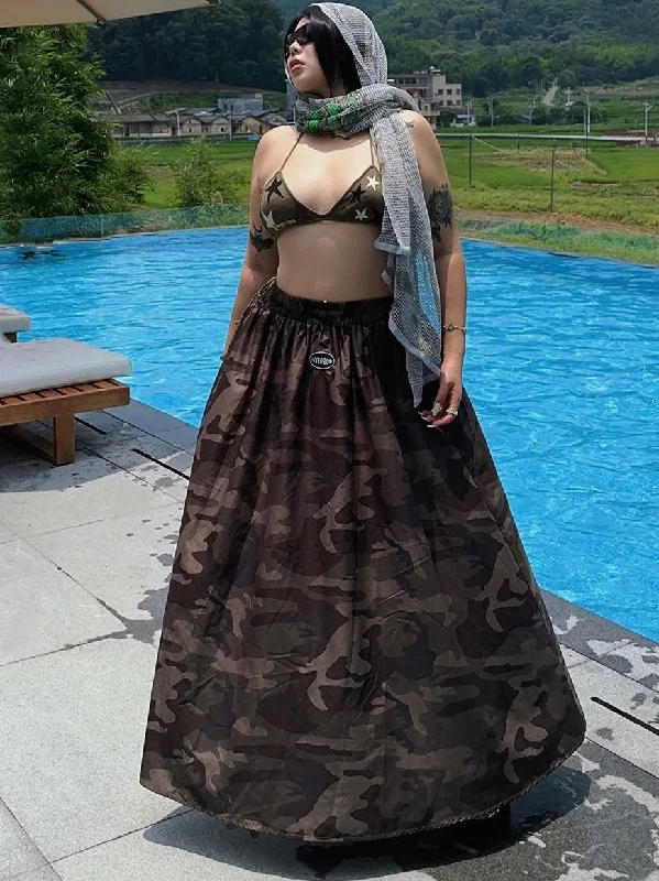 Michelle Grey Camo Plus Size Vintage Camouflage A-Line Long Skirt