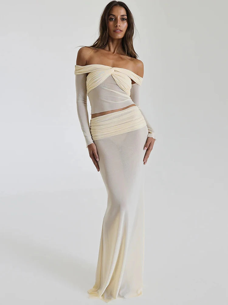 A&A Two Piece Sheer Off-shoulder Top And Maxi Skirt Set