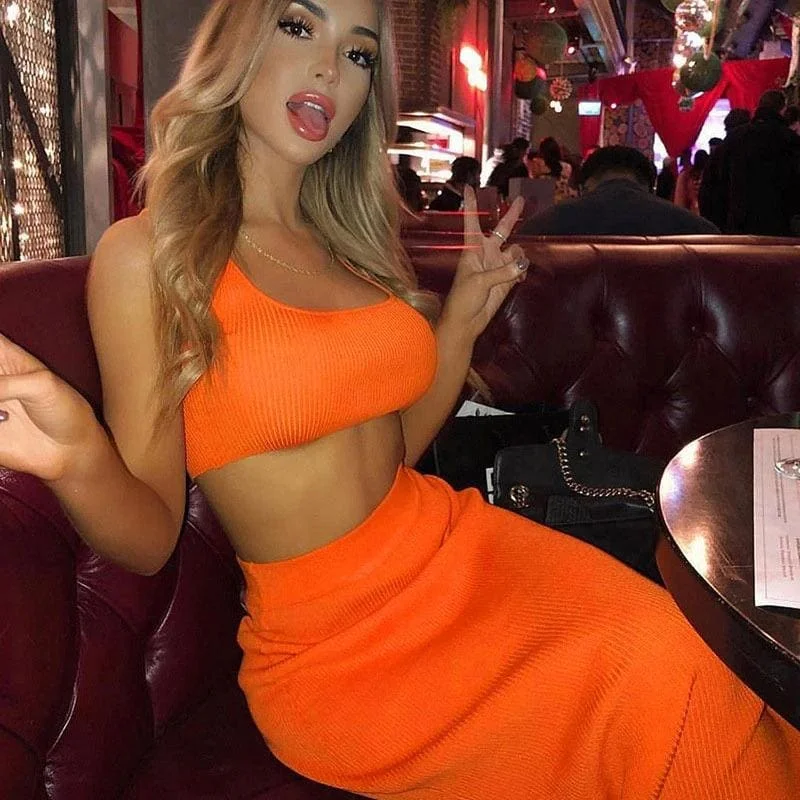 Neon Orange Ribbed Maxi Two Piece Crop Top Skirt Set