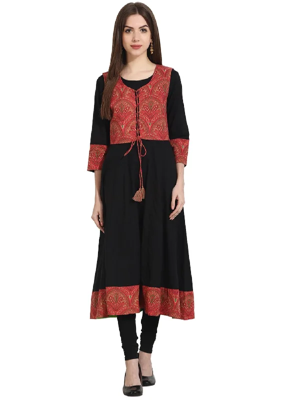 NOZ2TOZ Black 3/4Th Sleeve Anarkali Kurta With Printed Jacket