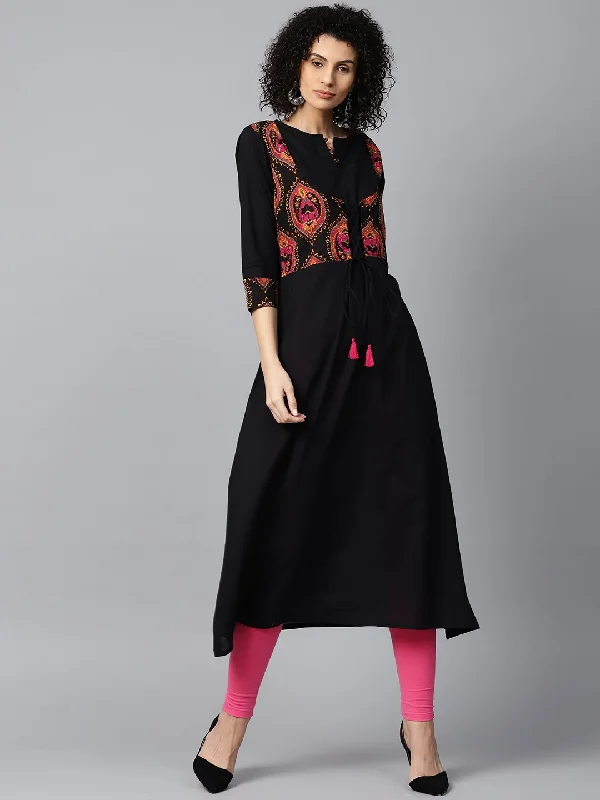 NOZ2TOZ Black 3/4th Sleeve Cotton Anarkali Kurta With Printed Jacket At Yoke