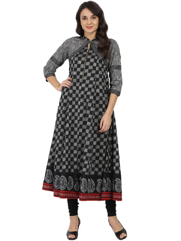 NOZ2TOZ Black Printed Sleeveless South Cotton Anarkali Kurta With 3/4Th Sleeve Jacket