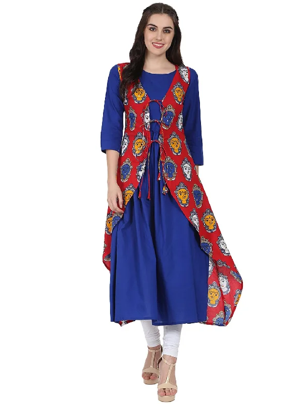 NOZ2TOZ Blue 3/4Th Sleeve Cotton Anarkali Kurta With Red Printed Jacket