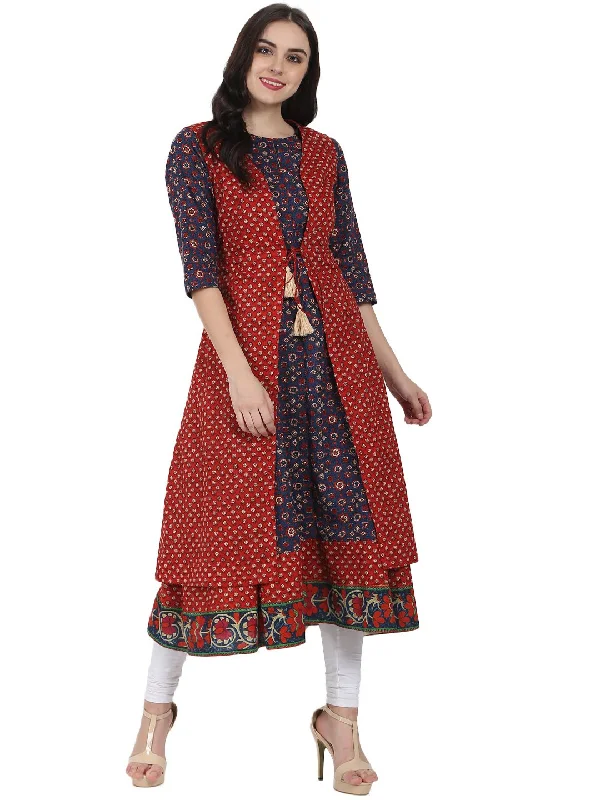 NOZ2TOZ Blue Printed 3/4Th Sleeve Cotton Anarkali Kurta With Red Printed Sleeveless Long Jacket