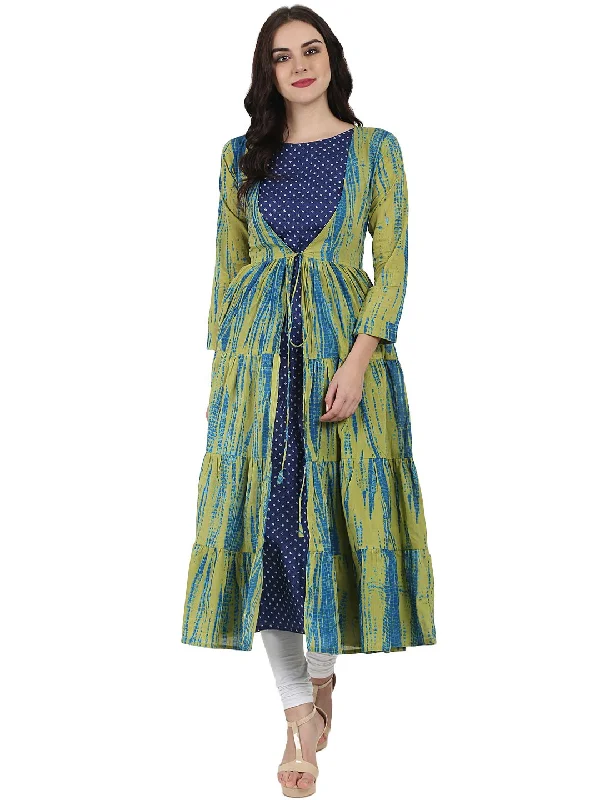 NOZ2TOZ Blue Printed Cotton Kurta With Green Printed Full Sleeve Tiered Anarkali Shape Ankle Length Jacket