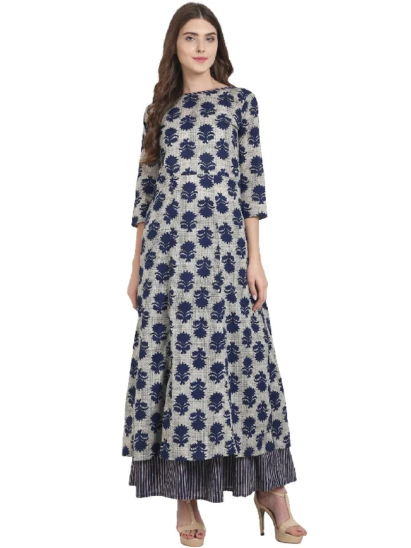 NOZ2TOZ Blue Printed Cotton Long A-Line Kurta With Blue Printed Anarkali Skirt