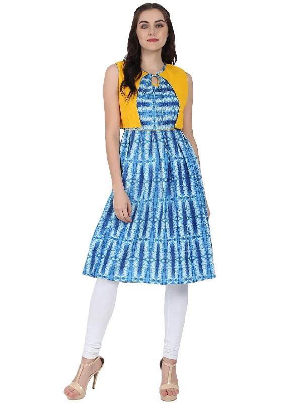 NOZ2TOZ Blue Printed Sleeveless Cotton Anarkali Kurta With Yellow Jacket