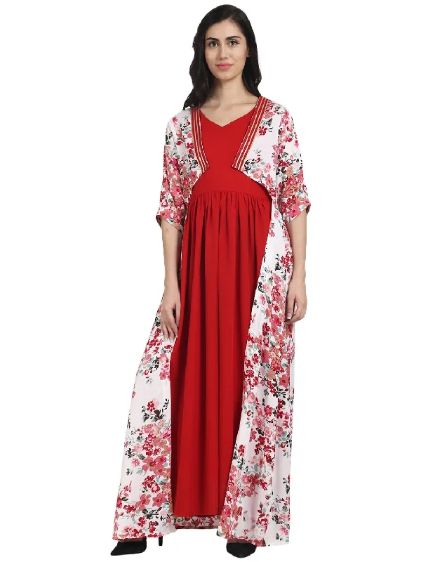 NOZ2TOZ Red Crepe Anarkali Kurta With Floral Printed Front Open Jacket Layer